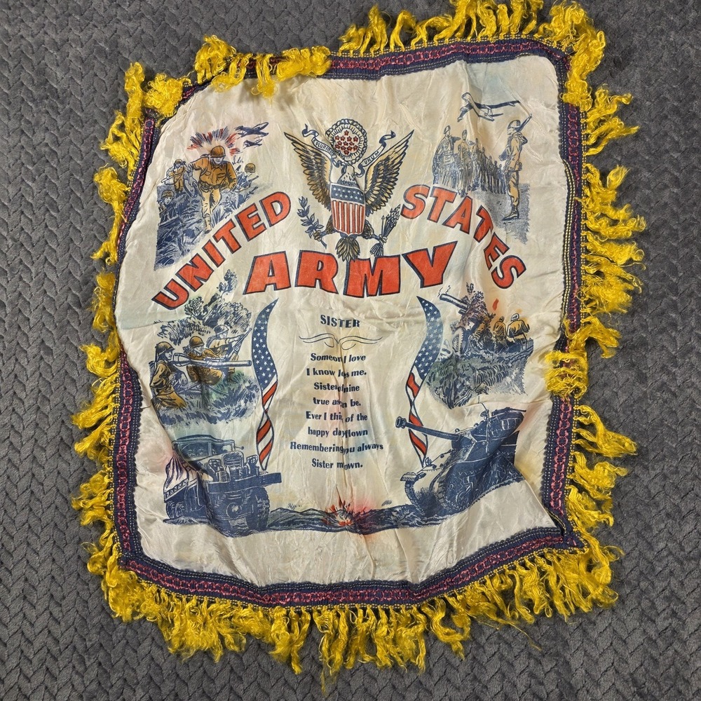 Vintage WWII United States Army Sister Souvenir Pillow Cover Fringe 15.5 x 18